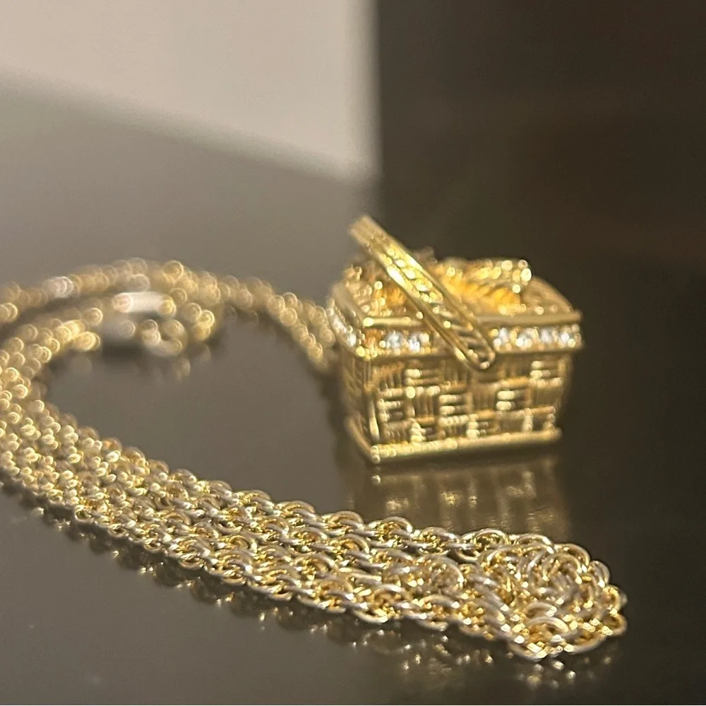 Vintage 1990s Swarovski Picnic Basket Pendant Necklace Gold-Tone & Crystal